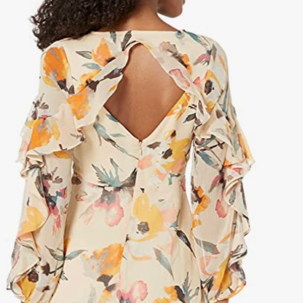 Tan Abstract Florals Ruffle Dress - Picture 3 of 6